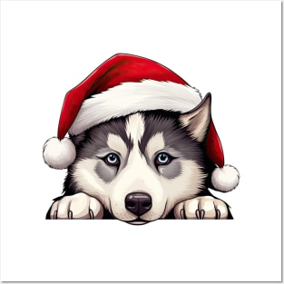 Christmas Peeking Siberian Husky Dog Posters and Art